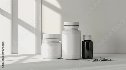 White and black pill bottles with scattered capsules in front of a window.