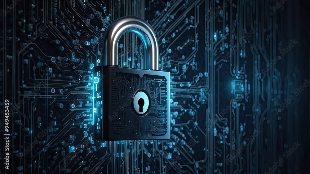 Concept of internet security: digital artwork of a padlock incorporated into a circuit design, signifying cybersecurity, on a dark blue background. 3D. Concept of internet security: digital artwork of a padlock incorporated into a circuit design, signifying cybersecurity, on a dark blue background. 3D.