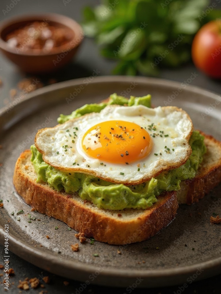 Aromatic Breakfast Toast Topped With Creamy Avocado and a Perfectly Fried Egg Garnished With Spices. Generative AI Aromatic Breakfast Toast Topped With Creamy Avocado and a Perfectly Fried Egg Garnished With Spices. Generative AI