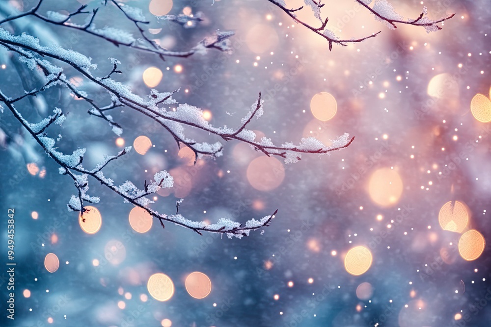 Snow-covered branches and snowflakes in the air. Glittering lights out of focus. Cold winter snowy weather. Evening twilight. Shallow depth of field and blurry background. Generative Ai Snow-covered branches and snowflakes in the air. Glittering lights out of focus. Cold winter snowy weather. Evening twilight. Shallow depth of field and blurry background. Generative Ai