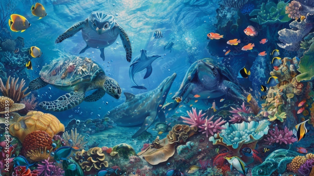 Fototapeta premium A vibrant coral reef teeming with colorful fish in the clear