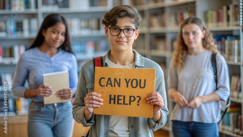 A student in a library holding a poster with the phrase 