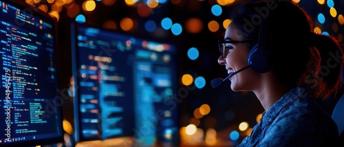 A cheerful call center agent interacting with a customer on the phone, with digital screens displaying tech support interfaces in the background