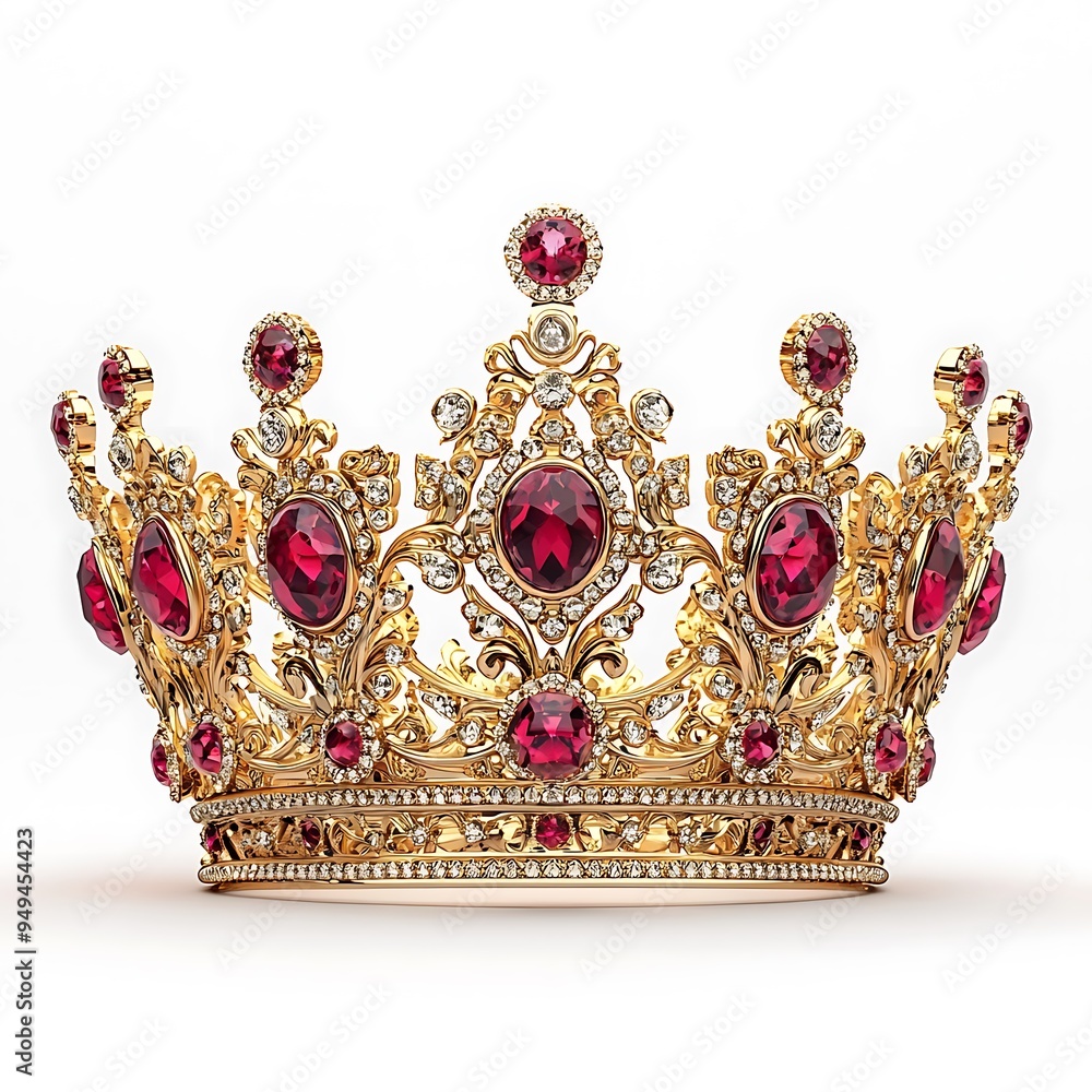 A majestic gold crown set with ruby gemstones and diamonds, a symbol of regal elegance and opulence. A majestic gold crown set with ruby gemstones and diamonds, a symbol of regal elegance and opulence.