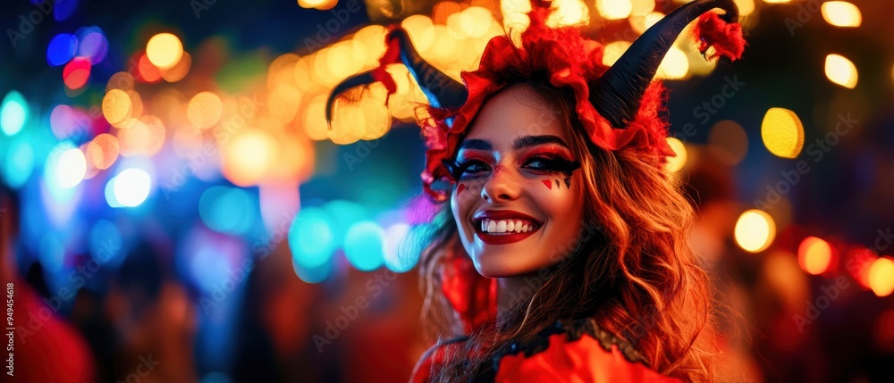 At a Halloween party, a young woman in a devil costume, with dramatic red and black attire, stands out with a mischievous grin and playful attitude At a Halloween party, a young woman in a devil costume, with dramatic red and black attire, stands out with a mischievous grin and playful attitude