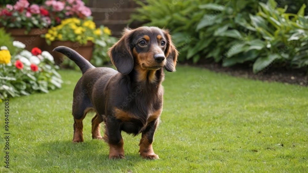 Chocolate and tan long haired dachshund dog in the garden Chocolate and tan long haired dachshund dog in the garden