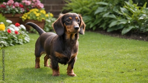 Chocolate and tan long haired dachshund dog in the garden