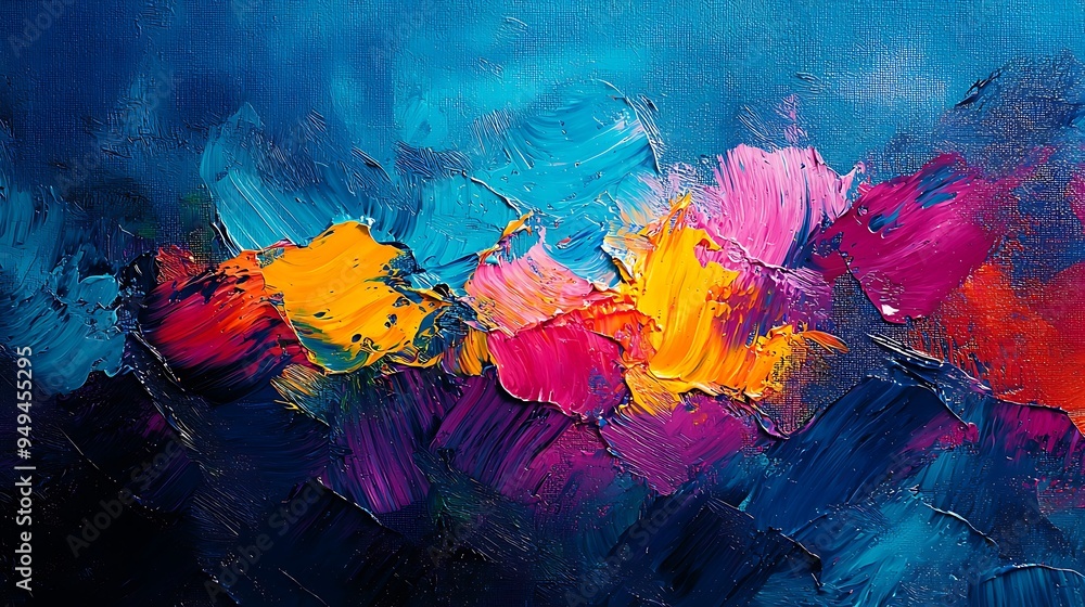 Fototapeta premium An abstract oil painting with layers of blue, pink, yellow, purple, and red, expressing deep and complex emotions.