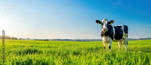 Single dairy cow standing in the middle of an expansive green field, with a perfect blue sky stretching endlessly in the background