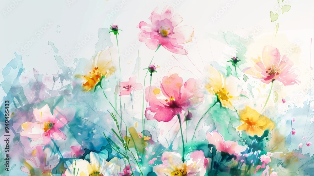 A vibrant display of watercolor flowers in a spring garden showcases fresh pastel colors and natural brush strokes, evoking a joyful and lively ambiance A vibrant display of watercolor flowers in a spring garden showcases fresh pastel colors and natural brush strokes, evoking a joyful and lively ambiance
