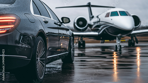 Close-up of luxury black car with private jet on wet runway at dawn photo