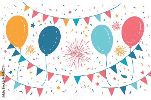 Banner for birthday party, festival, carnival with hand drawn balloons and fireworks. Cute Birthday Card With Balloons. Festive Balloon