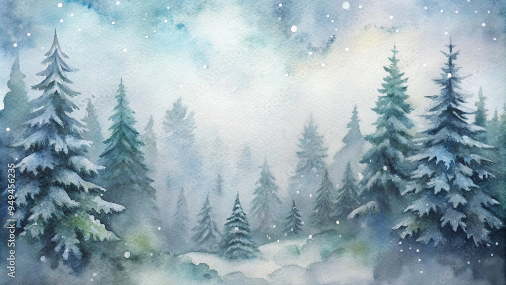 Obraz premium Misty winter forest, tranquil and atmospheric, watercolor painting of evergreen trees in soft snow, winter background