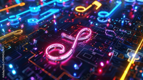 Audio Technology with trible clef music symbol as neon light. AI generates images photo