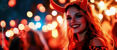 A young woman embracing her devilish side at a Halloween party, with red horns, dark makeup, and a confident smile photo