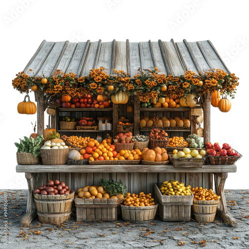 Rustic wooden market stall with various fresh fruits and vegetables, decorated with autumn flowers and pumpkins.