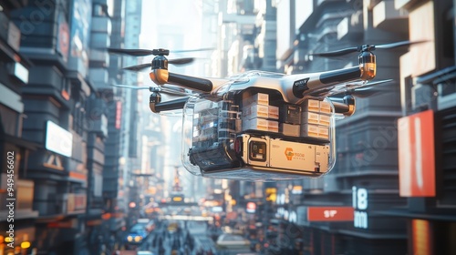 Futuristic Drone Delivery Service in Cityscape with Cargo Boxes - 3D Rendering.