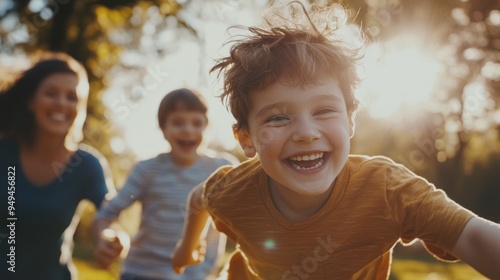 A family of four having a playful moment in a sunlit park,  photo