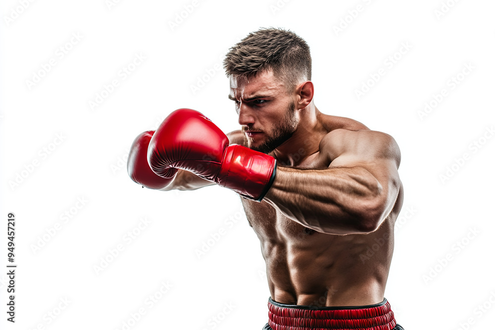 Strong young man punching a stand with boxing gloves, isolated on white background Strong young man punching a stand with boxing gloves, isolated on white background