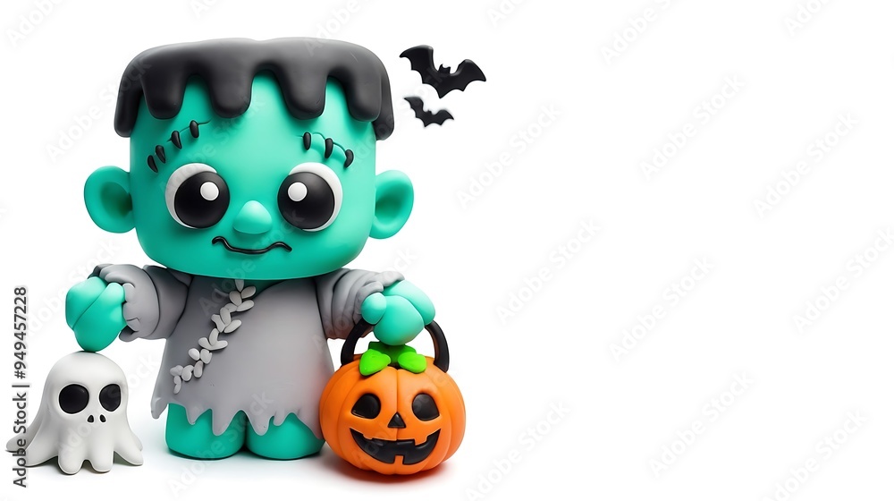 Fototapeta premium 3d render cute clay frankenstein for halloween poster
