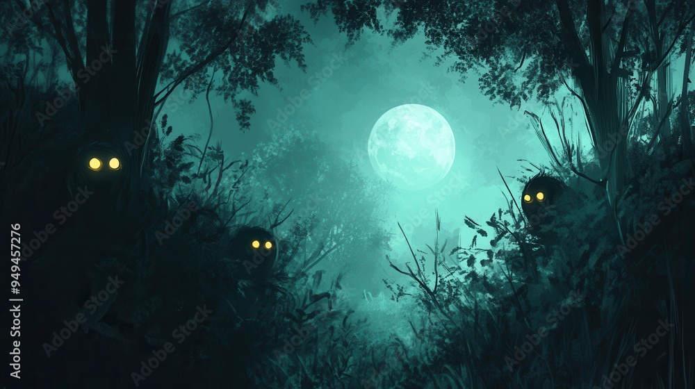 Mysterious Creatures Lurking in the Moonlight Forest - Dark Fantasy Artwork. Mysterious Creatures Lurking in the Moonlight Forest - Dark Fantasy Artwork.