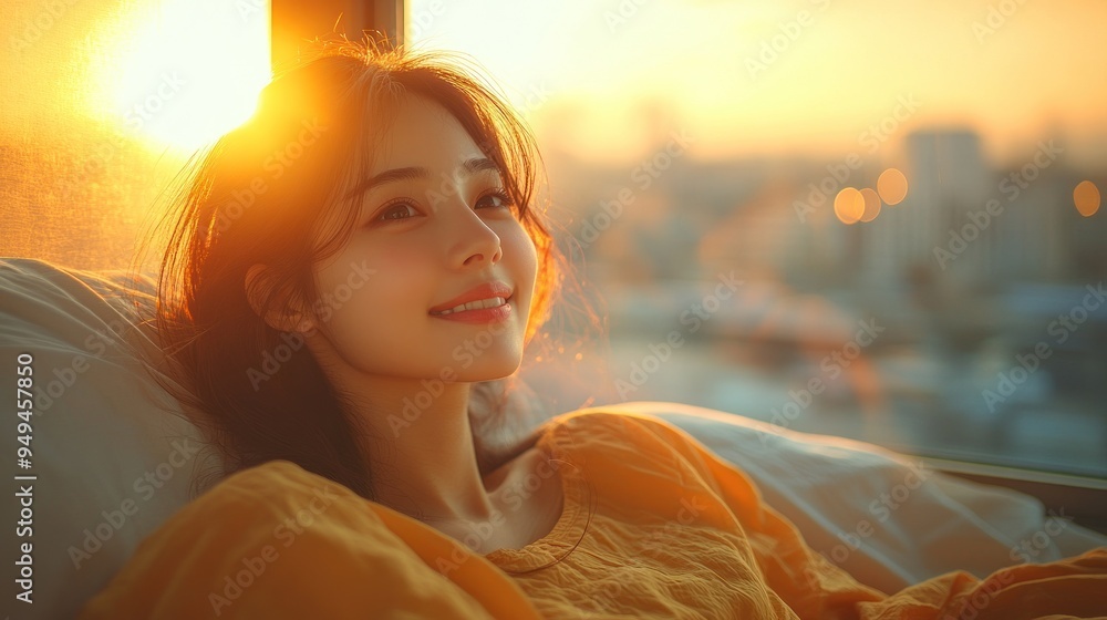 Woman in yellow shirt looking at the sunset Woman in yellow shirt looking at the sunset