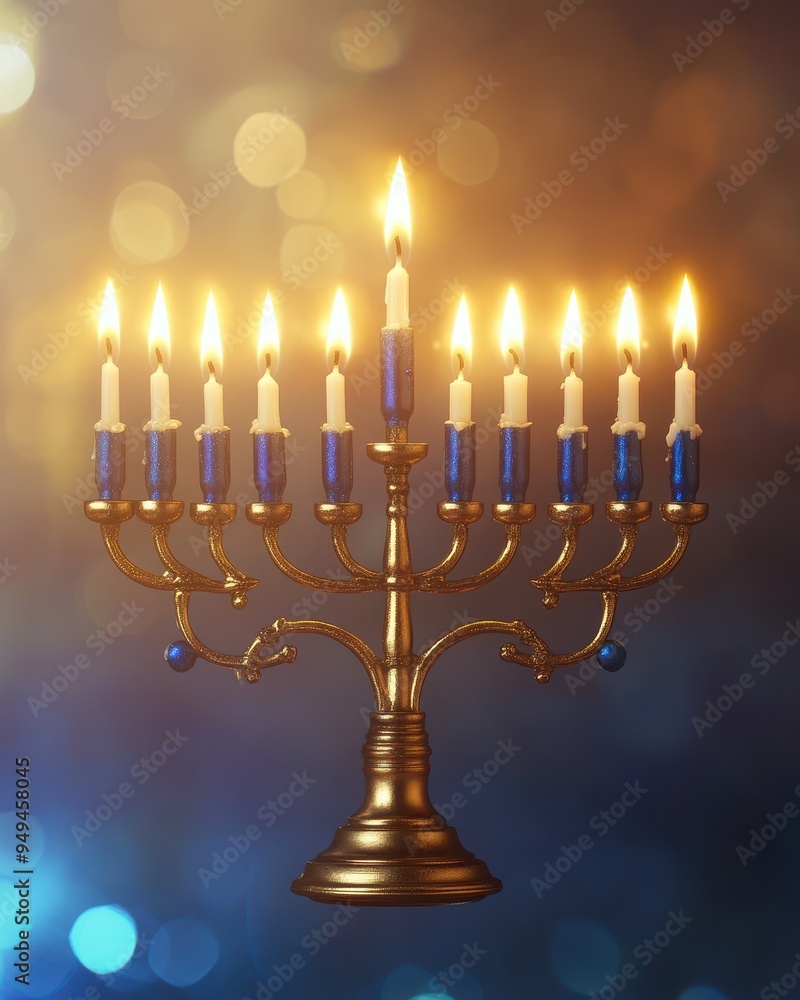 Golden Menorah with Lit Candles on a Blue Bokeh Background for Hanukkah Celebration. Golden Menorah with Lit Candles on a Blue Bokeh Background for Hanukkah Celebration.