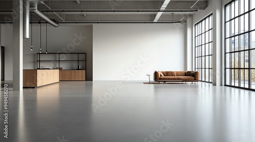 Spacious modern loft with large windows, minimalist decor, and empty open floor space, perfect for creative use or conversion. photo