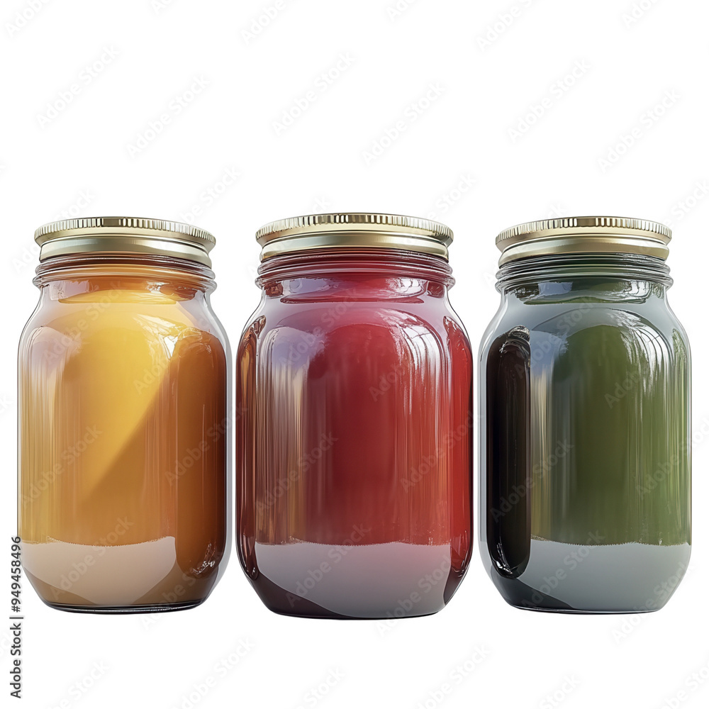 Three colorful jars filled with different liquids, isolated on a white background. Perfect for food and drink concepts.