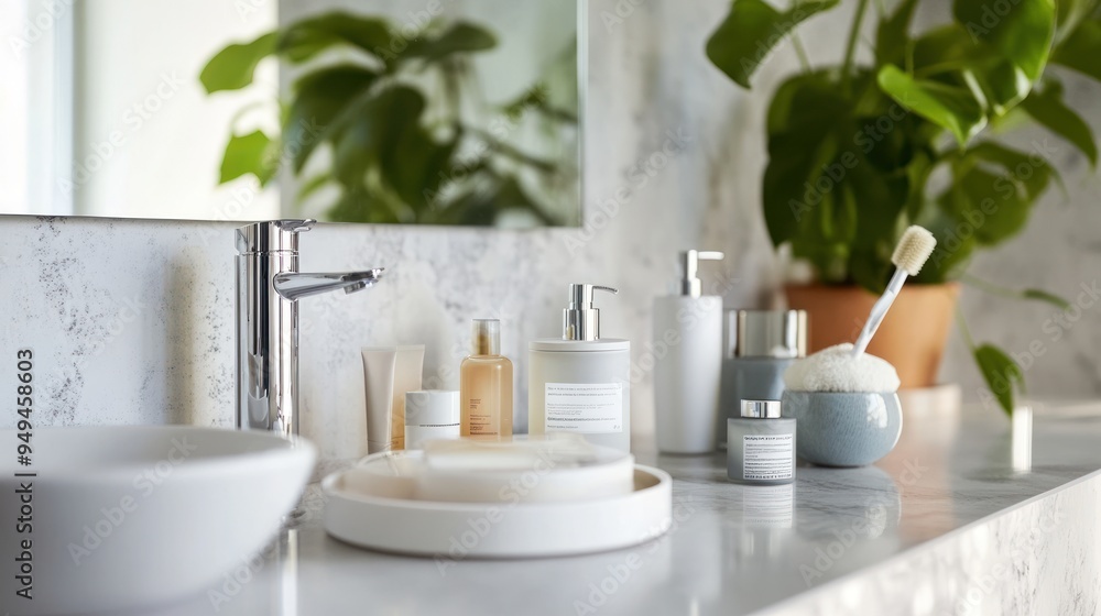 modern bathroom, with a focus on her clear skin and a variety of beauty modern bathroom, with a focus on her clear skin and a variety of beauty