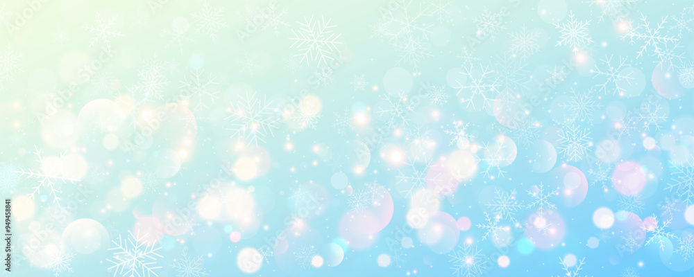 Christmas snowy background. Cold blue winter sky. Vector ice blizzard on gradient texture with bokeh and flakes. Festive new year theme for season sale wallpaper. Christmas snowy background. Cold blue winter sky. Vector ice blizzard on gradient texture with bokeh and flakes. Festive new year theme for season sale wallpaper.