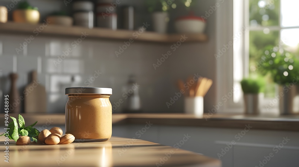 Organic nut butter in a jar on a kitchen counter, highlighting a healthy snack option Organic nut butter in a jar on a kitchen counter, highlighting a healthy snack option