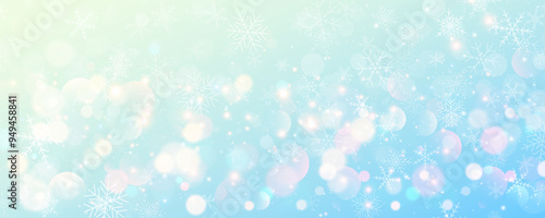 Christmas snowy background. Cold blue winter sky. Vector ice blizzard on gradient texture with bokeh and flakes. Festive new year theme for season sale wallpaper.