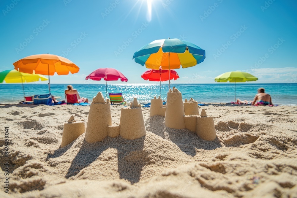 Sandcastle on the Beach with Colorful Umbrellas and Sunbathers in the Background. Sandcastle on the Beach with Colorful Umbrellas and Sunbathers in the Background.