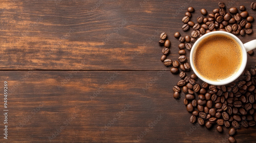 Cozy Coffee Moment, a warm coffee cup surrounded by rich coffee beans on a rustic kitchen table, inviting ambiance with space for your personal message. Cozy Coffee Moment, a warm coffee cup surrounded by rich coffee beans on a rustic kitchen table, inviting ambiance with space for your personal message.