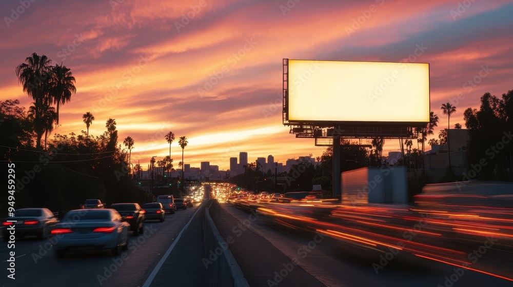 custom made wallpaper toronto digitalBlank Billboard on a Highway During Sunset with City Skyline and Traffic Light Trails.