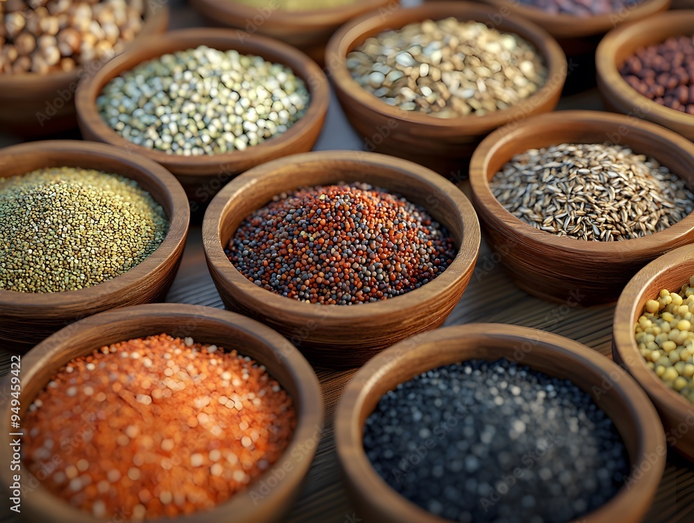 Assorted organic grains displayed in wooden bowls, beautifully arranged that highlights their textures Assorted organic grains displayed in wooden bowls, beautifully arranged that highlights their textures