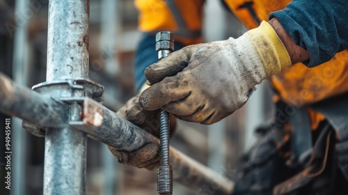 Close-up of male worker wearing safety gloves tightening a bolt on scaffolding 