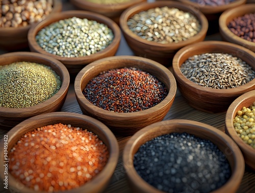 Assorted organic grains displayed in wooden bowls, beautifully arranged that highlights their textures