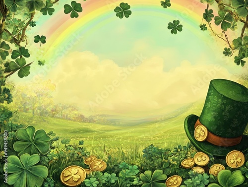 Wallpaper Mural St. Patrick's Day Background with Shamrocks, Gold Coins, Rainbow and Leprechaun Hat. Torontodigital.ca