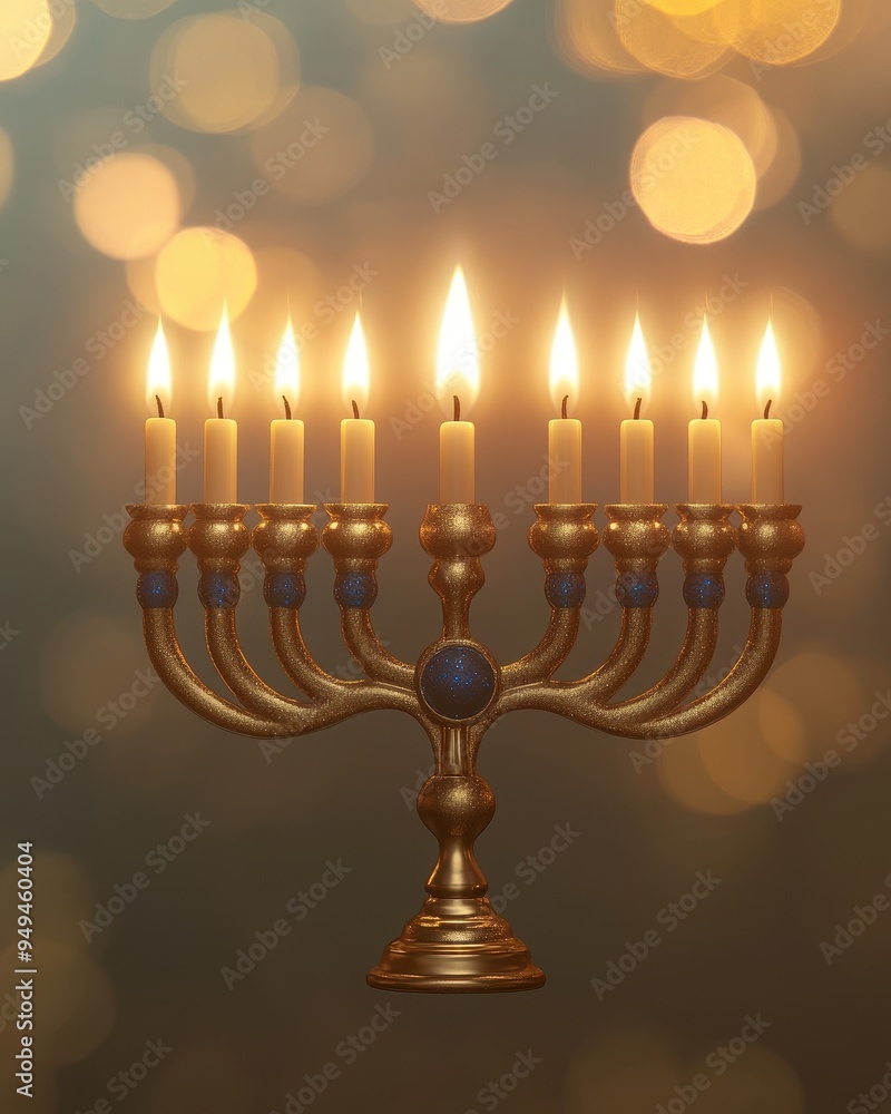 Golden Menorah with Burning Candles Against a Blurred Lights Background for Hanukkah Golden Menorah with Burning Candles Against a Blurred Lights Background for Hanukkah