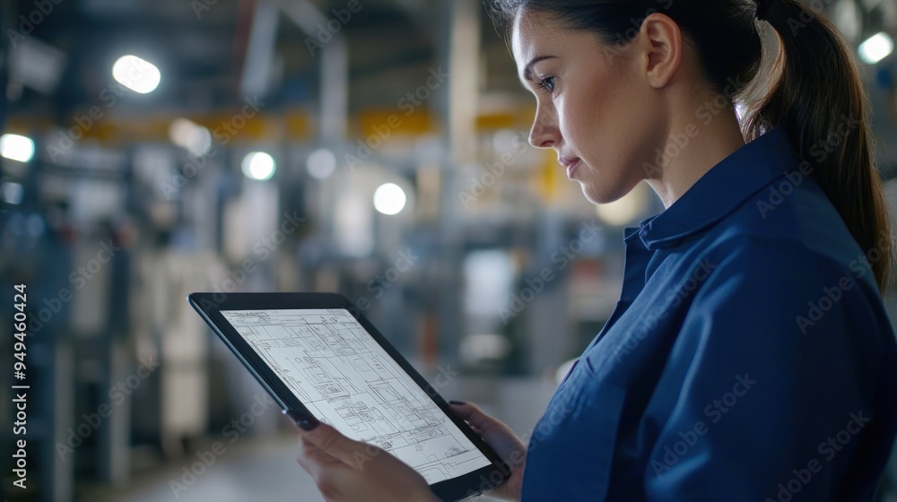 Female engineer inspecting machinery with a clipboard in hand Female engineer inspecting machinery with a clipboard in hand