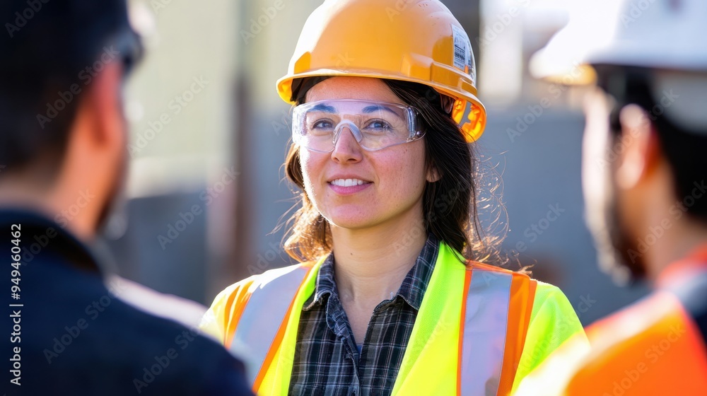 Female engineer with safety goggles and a helmet working Female engineer with safety goggles and a helmet working