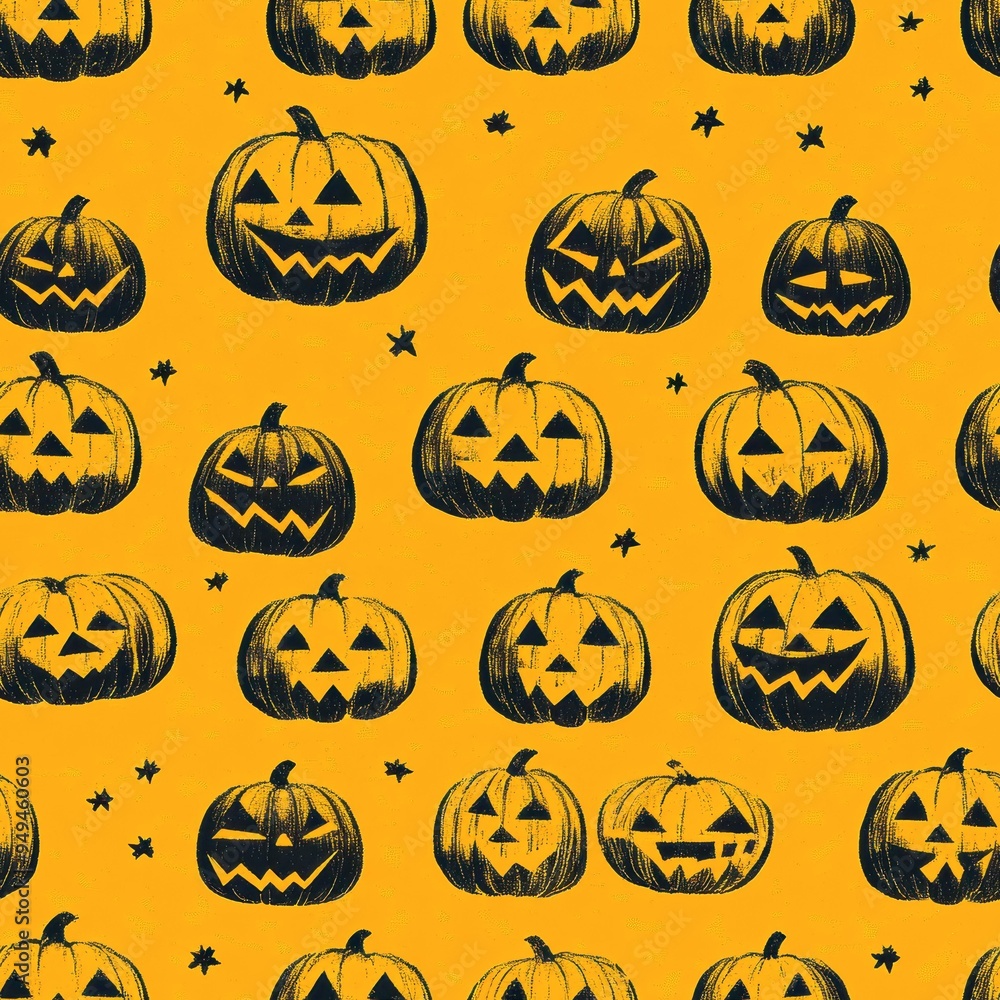 A Halloween-themed graphic with hand-drawn jack-o-lanterns and stars on an orange background, perfect for seasonal decorations, party invitations, or festive digital content, A Halloween-themed graphic with hand-drawn jack-o-lanterns and stars on an orange background, perfect for seasonal decorations, party invitations, or festive digital content,