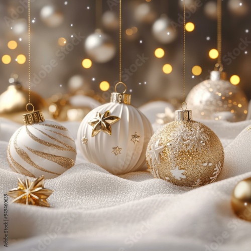 Elegant white and gold Christmas ornaments adorned with stars and glitter, laid on a soft textured surface with bokeh lights in the background photo