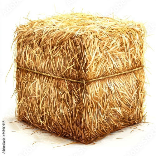 A close-up image of a tightly packed bale of hay, showcasing the texture and natural colors of the straw, useful for agricultural themes, rural settings, or farm-related advertisements, photo