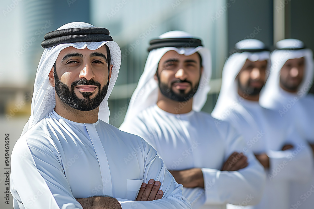 Confident Middle Eastern men in traditional white kanduras and ghutra headdresses stand together, leadership and unity in business. Confident Middle Eastern men in traditional white kanduras and ghutra headdresses stand together, leadership and unity in business.
