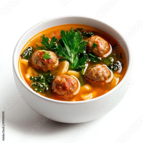 Delicious meatball soup with vibrant vegetables and herbs, perfect for a comforting meal any time of the year.