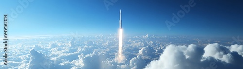 A rocket piercing through a sea of clouds, wideangle, clear blue sky, highaltitude perspective, serene and powerful