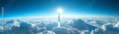 A rocket piercing through a sea of clouds, wideangle, clear blue sky, highaltitude perspective, serene and powerful
